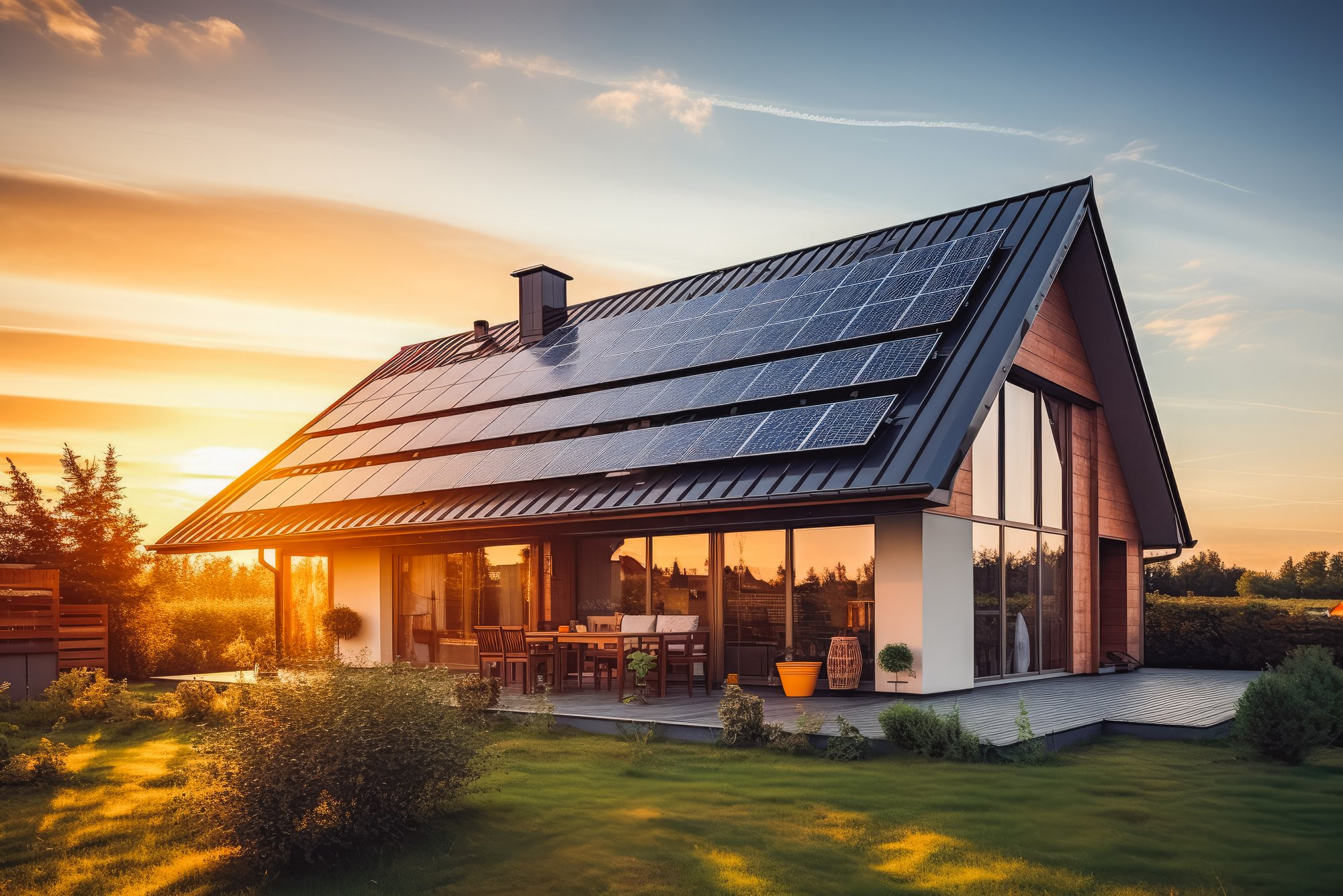 Solar panels on large family house with sunset light in the back