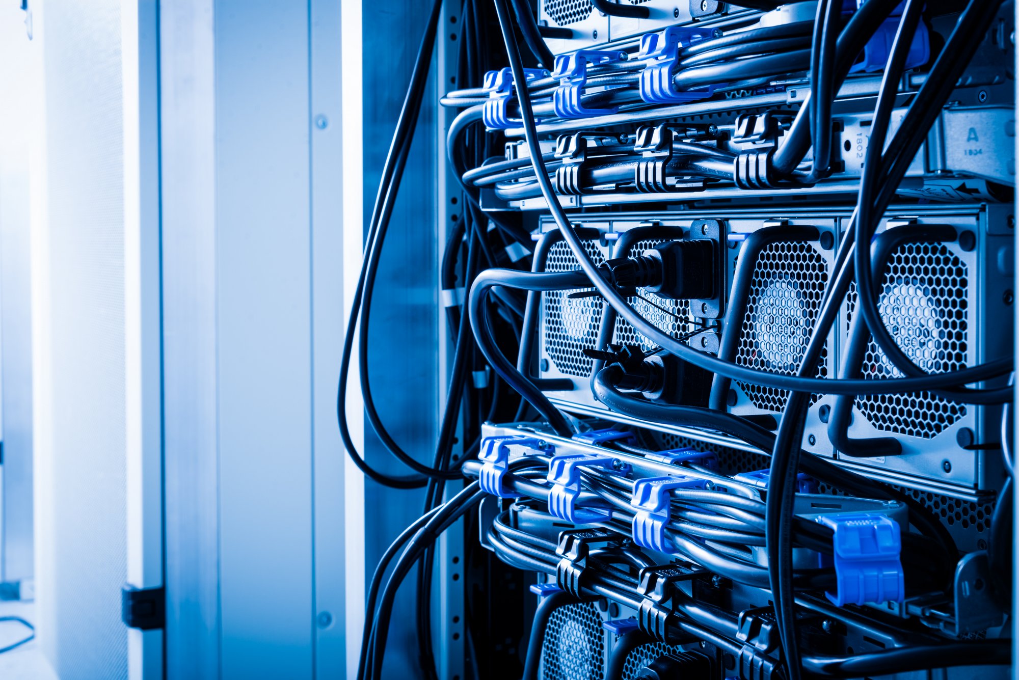 Server room with racks in internet data center